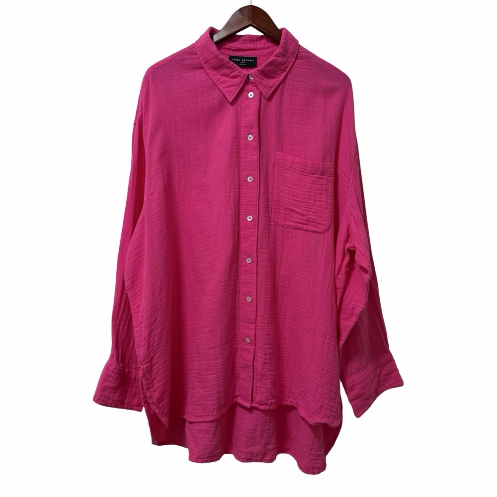 Lane Bryant Gauze Button Down Tunic Top Size 22 Magenta Pink Lightweight Beachy